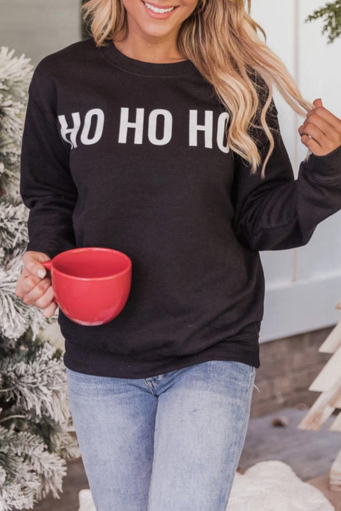 Black Ho Ho Ho Glitter Print Long Sleeve Pullover Sweatshirt